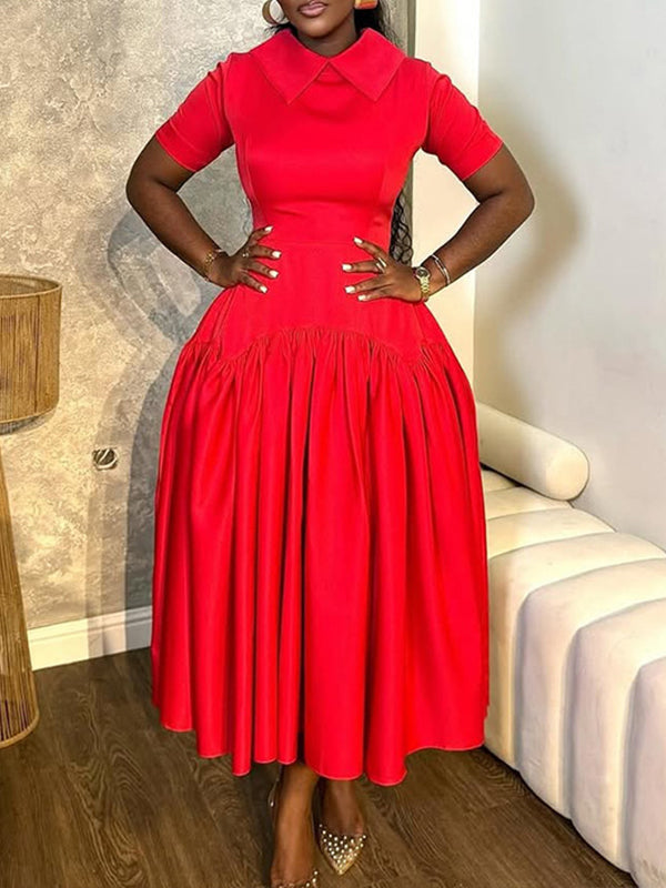 Solid Spread-Collar Pleated Dress