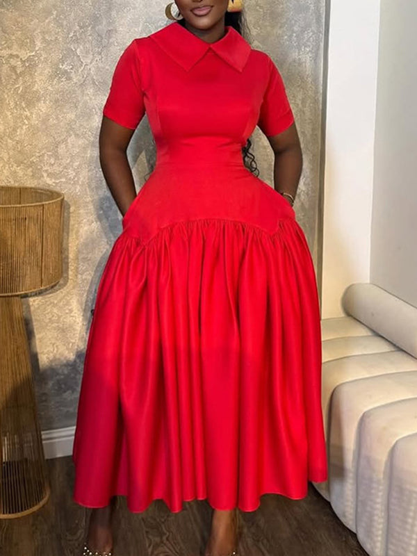 Solid Spread-Collar Pleated Dress
