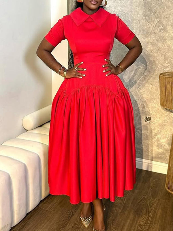 Solid Spread-Collar Pleated Dress
