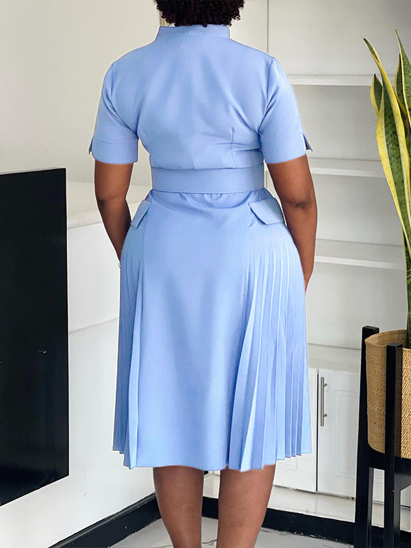 V-Neck Belted Pleated Dress