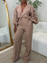 Ruched-Sleeve Blazer & Pants Set