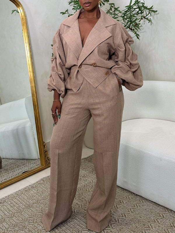 Ruched-Sleeve Blazer & Pants Set