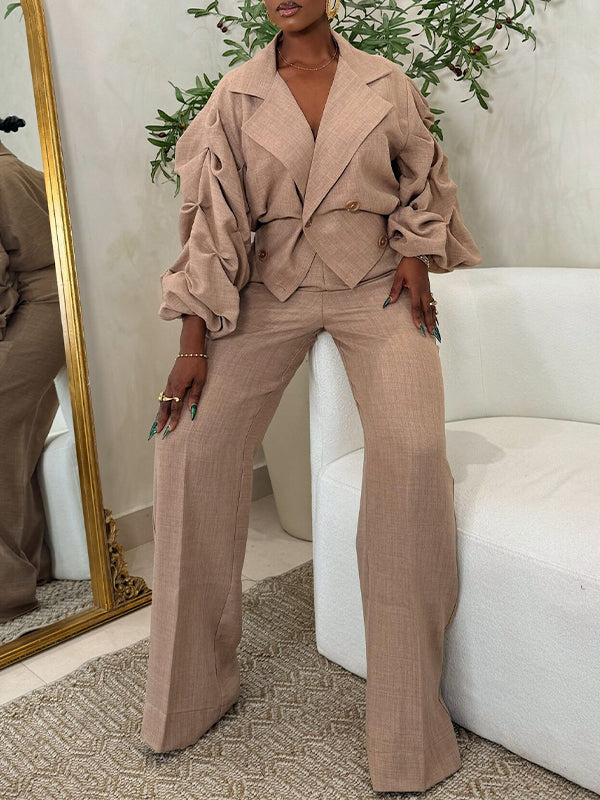 Ruched-Sleeve Blazer & Pants Set