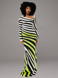 Stripe Asymmetric-Neck Maxi Dress