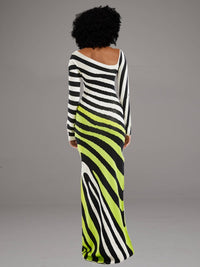 Stripe Asymmetric-Neck Maxi Dress
