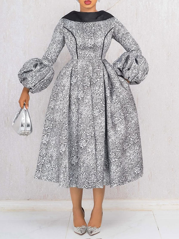 Printed Puff-Sleeve Midi Dress