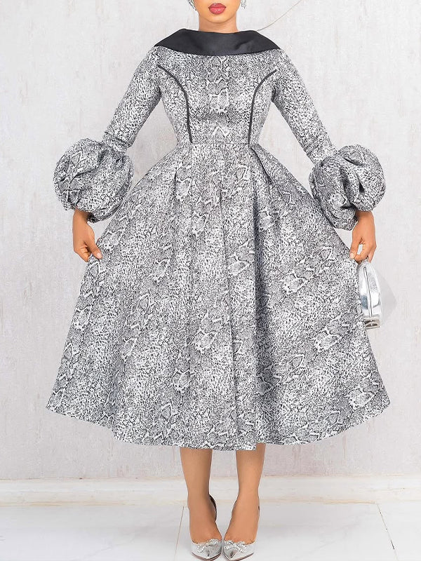 Printed Puff-Sleeve Midi Dress