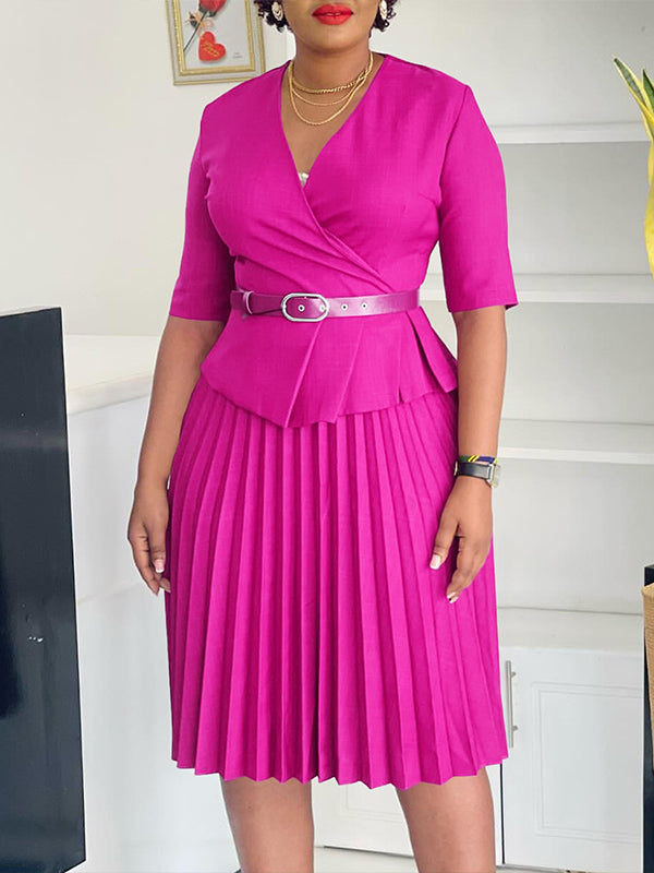 V-Neck Belted Pleated Dress