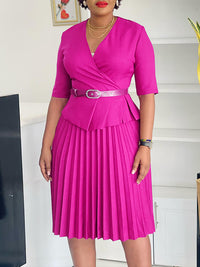 V-Neck Belted Pleated Dress