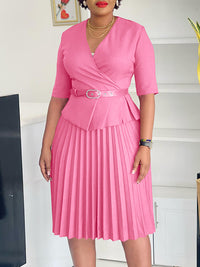 V-Neck Belted Pleated Dress