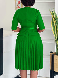 V-Neck Belted Pleated Dress