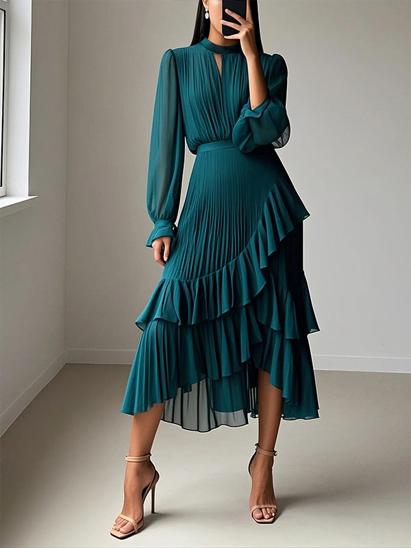 Solid Pleated Ruffle Dress