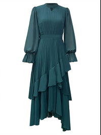Solid Pleated Ruffle Dress