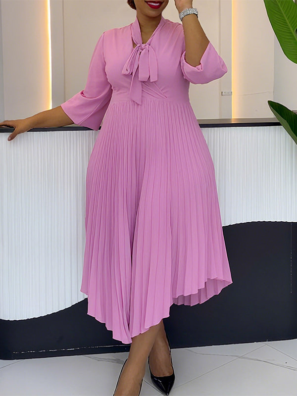Solid Tied-Neck Pleated Dress