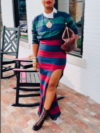 Stripe Polo Top & Slit Skirt Set