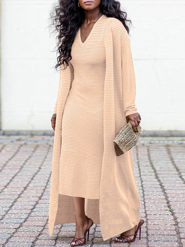 Solid V-Neck Dress & Cardigan Set