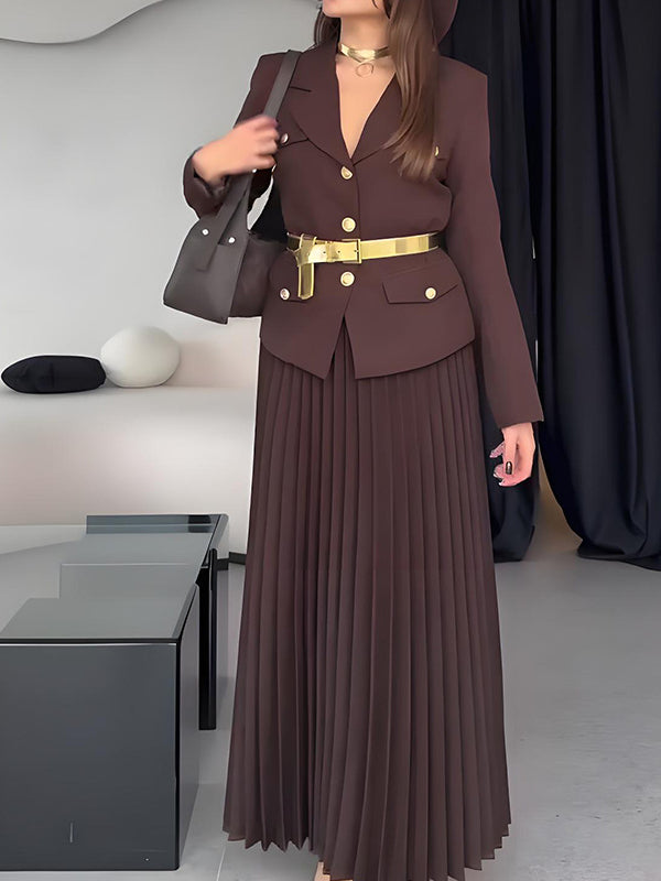 Solid Blazer & Pleated Skirt Set