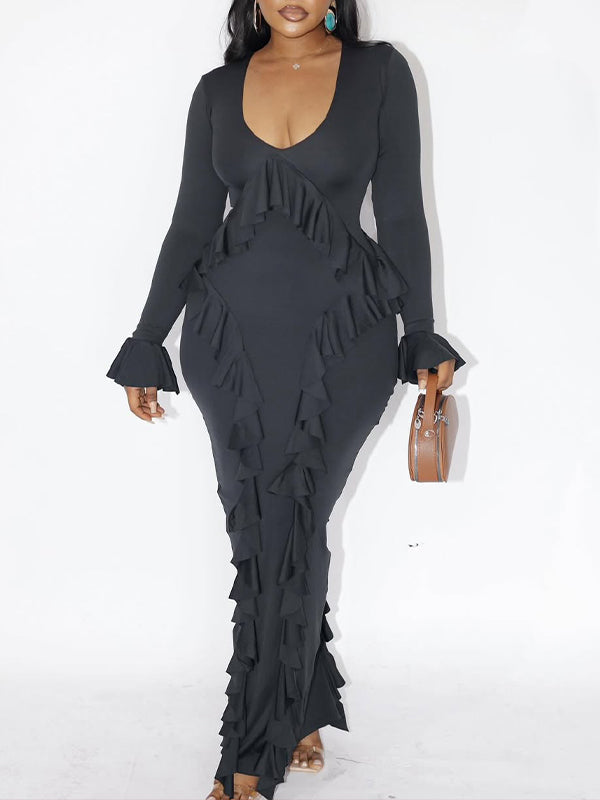 Solid Ruffle Maxi Dress