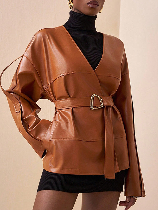 Faux-Leather Belted Jacket
