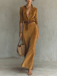 Suede Button-Front Belted Dress