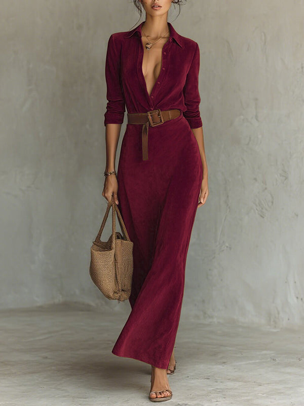 Suede Button-Front Belted Dress