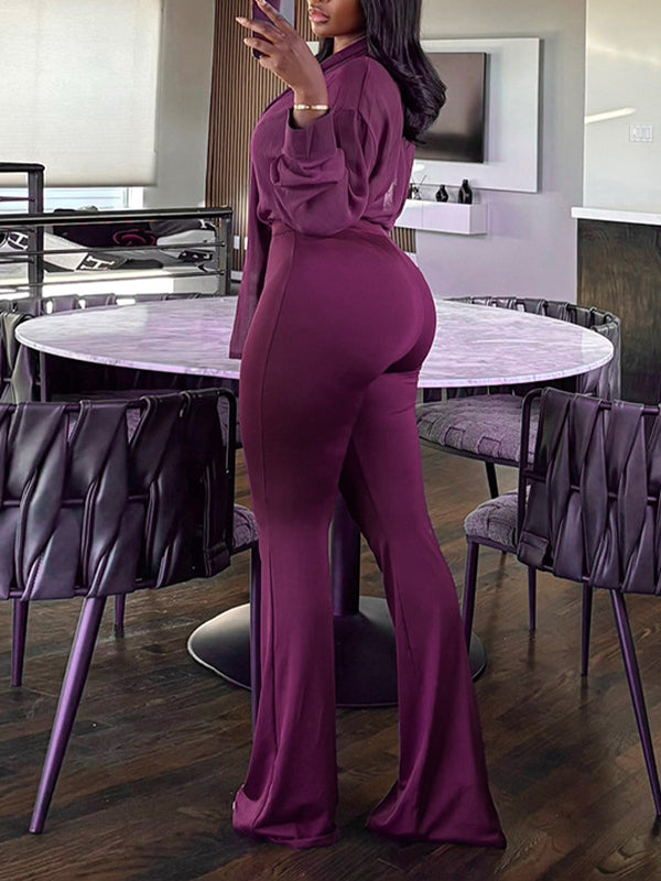 Solid Tie-Neck Shirt & Pants Set