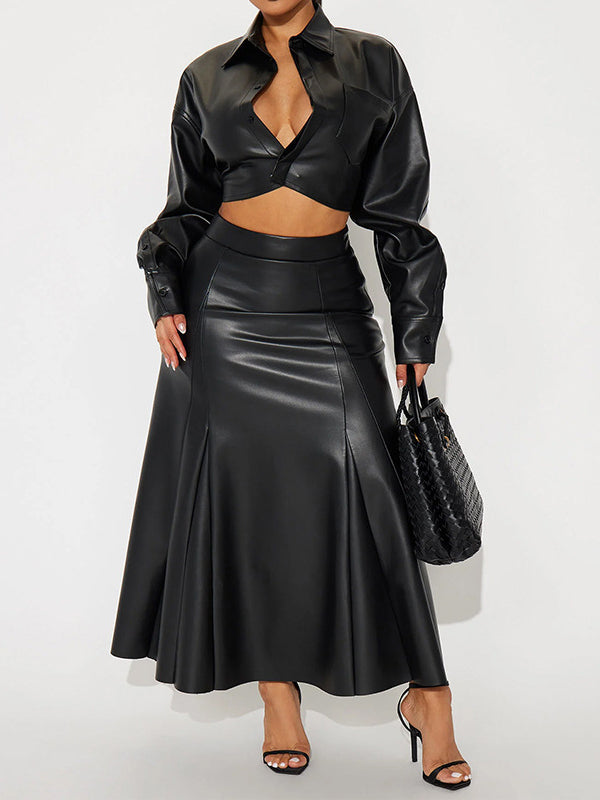 Faux-Leather Shirt & Skirt Set