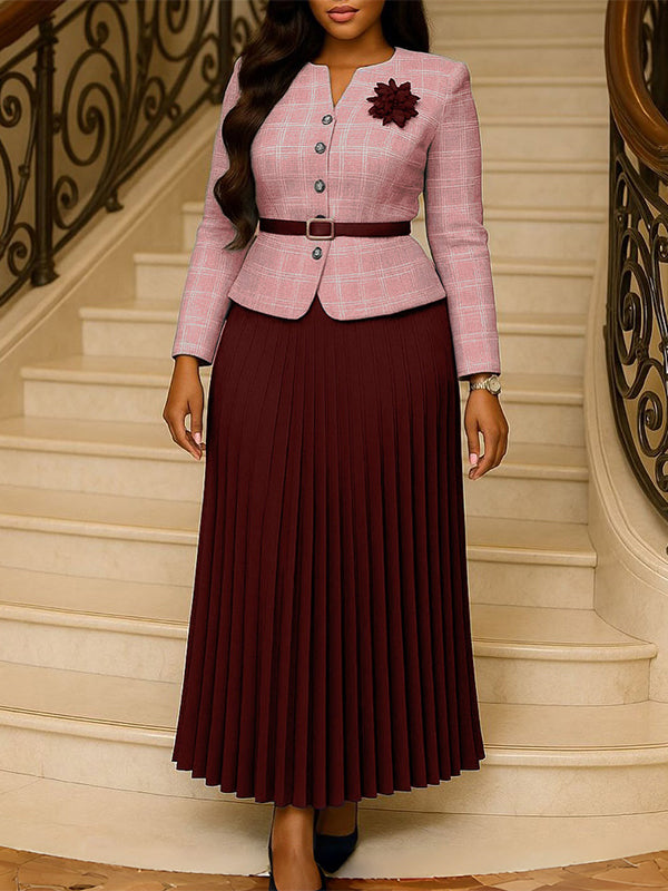 Belted Blazer & Pleated Skirt Set