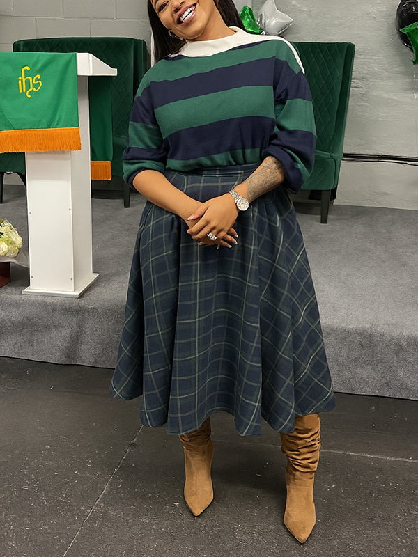 Stripe Polo Top & Plaid Skirt Set