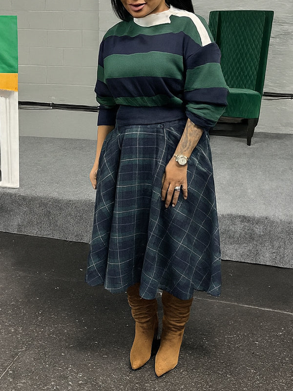 Stripe Polo Top & Plaid Skirt Set