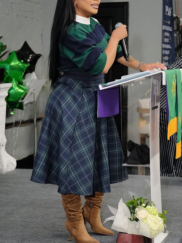 Stripe Polo Top & Plaid Skirt Set