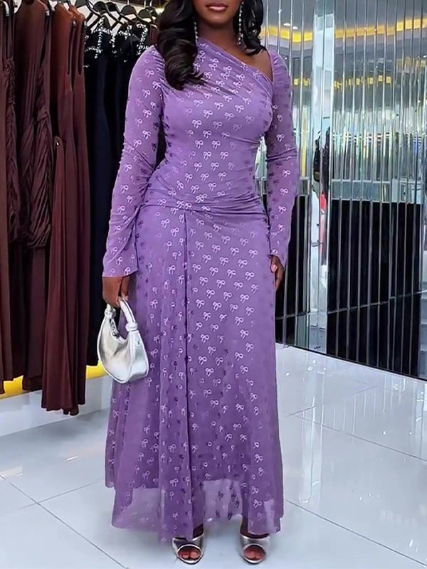 Printed Asymmetric-Neck Maxi Dress