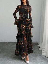 Printed Bell-Sleeve Maxi Dress