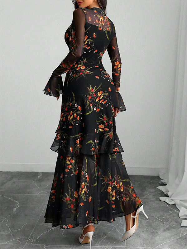 Printed Bell-Sleeve Maxi Dress