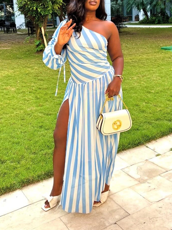 Stripe One-Shoulder Slit Dress