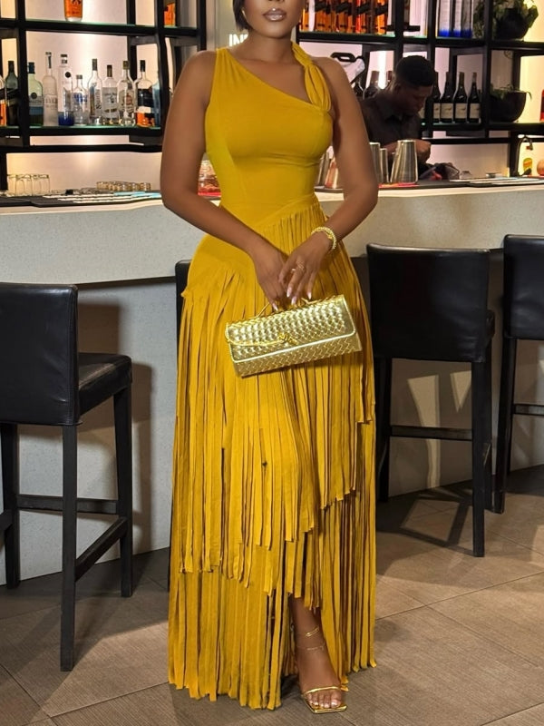 Solid Sleeveless Fringe Dress