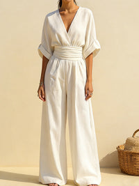 Solid V-Neck Wide-Leg Jumpsuit