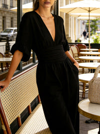 Solid V-Neck Wide-Leg Jumpsuit