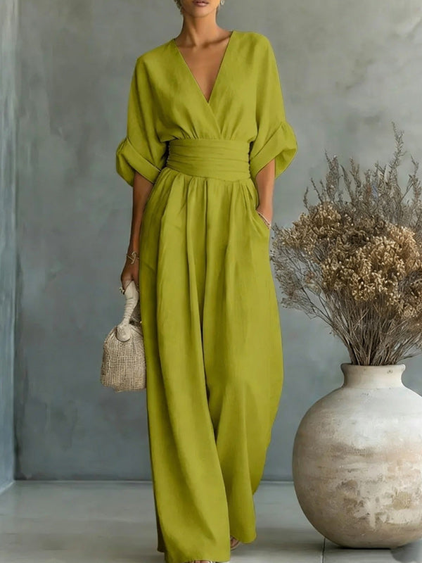 Solid V-Neck Wide-Leg Jumpsuit