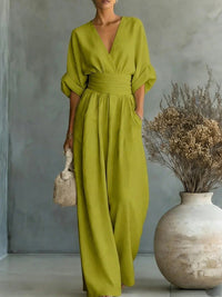 Solid V-Neck Wide-Leg Jumpsuit