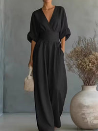 Solid V-Neck Wide-Leg Jumpsuit