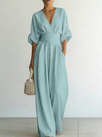 Solid V-Neck Wide-Leg Jumpsuit