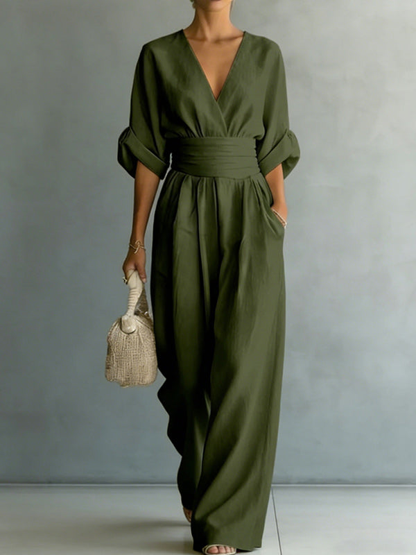 Solid V-Neck Wide-Leg Jumpsuit