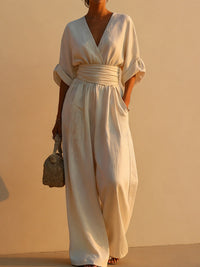 Solid V-Neck Wide-Leg Jumpsuit