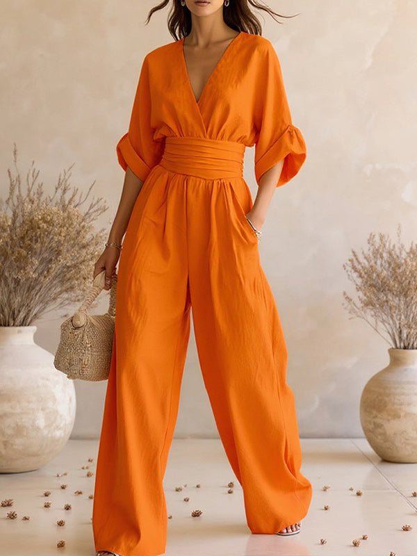 Solid V-Neck Wide-Leg Jumpsuit