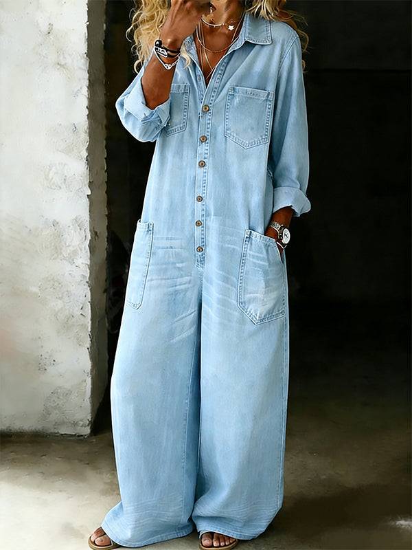 Button-Front Denim Jumpsuit