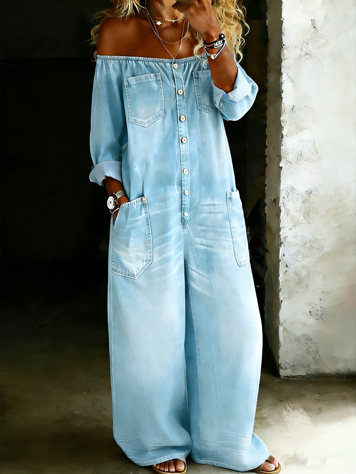 Off-Shoulder Denim Jumpsuit