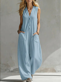 Button-Front Sleeveless Jumpsuit