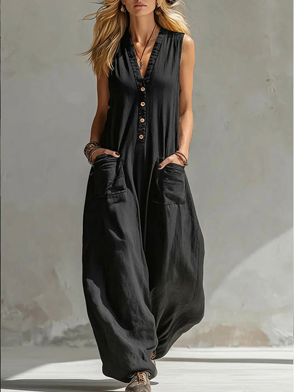 Button-Front Sleeveless Jumpsuit
