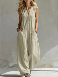 Button-Front Sleeveless Jumpsuit